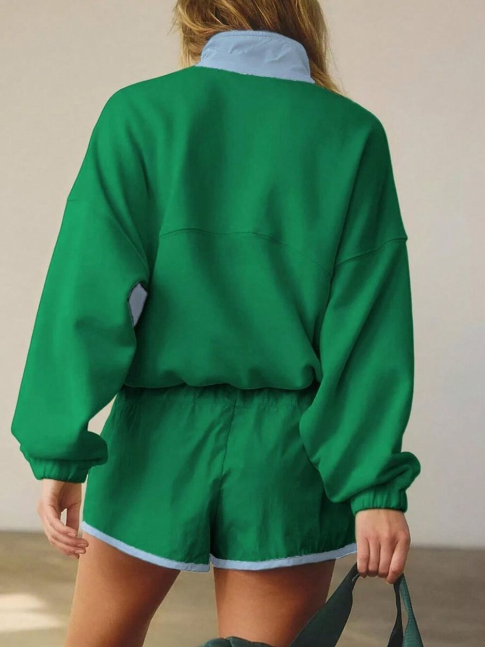 Green Casual Women's Contrast Pocket Zipper Drop Shoulder Two Piece Set - Picture 2 of 4